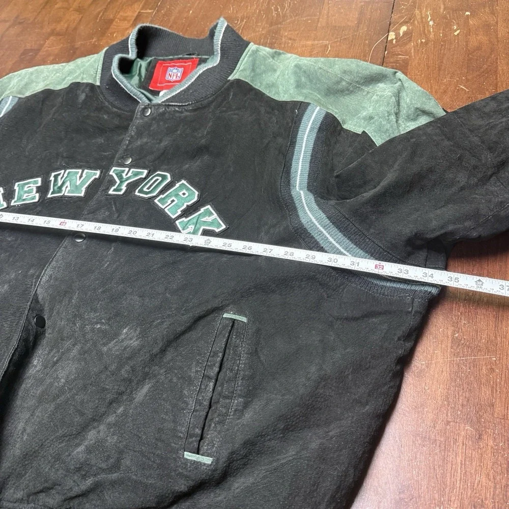 Vintage 90s Y2k New York Jets‎ NFL Suede Varsity Bomber Jacket size 5XL